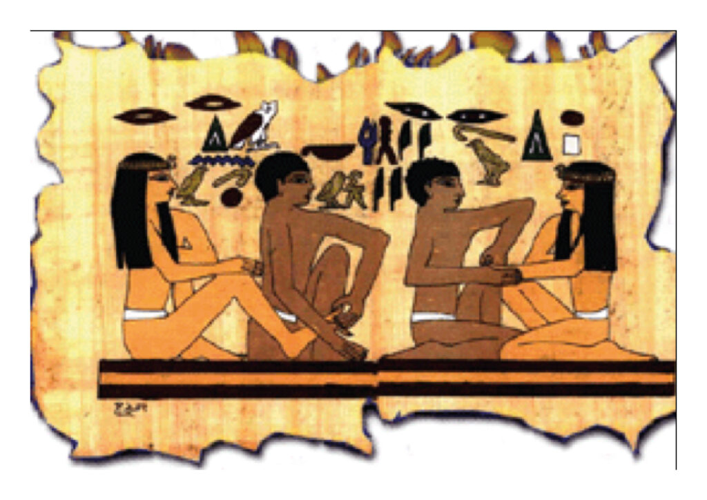 Reflessologia Plantare Egitto, immagine di schiavi egizi che massaggiano piedi e mani. Ora l'immagine e speculare